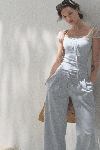 Lace-Up Top & Wide Leg Pants Set-Up