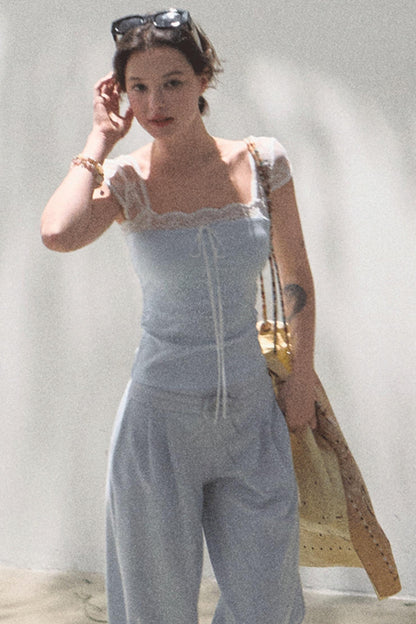 Lace-Up Top & Wide Leg Pants Set-Up