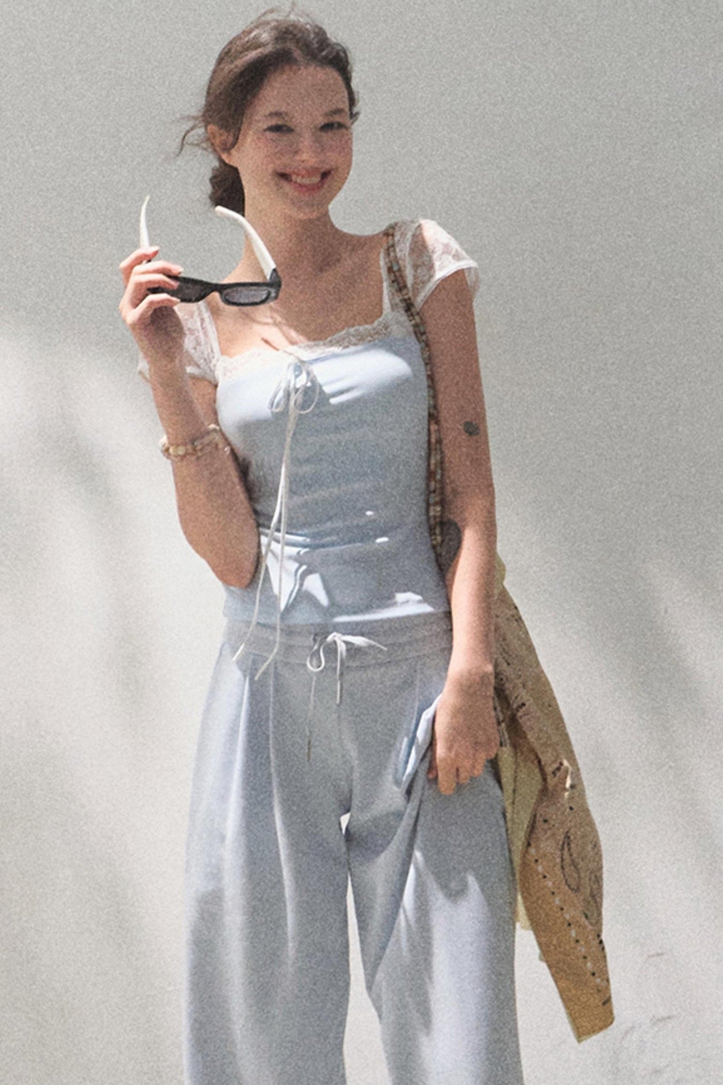 Lace-Up Top & Wide Leg Pants Set-Up