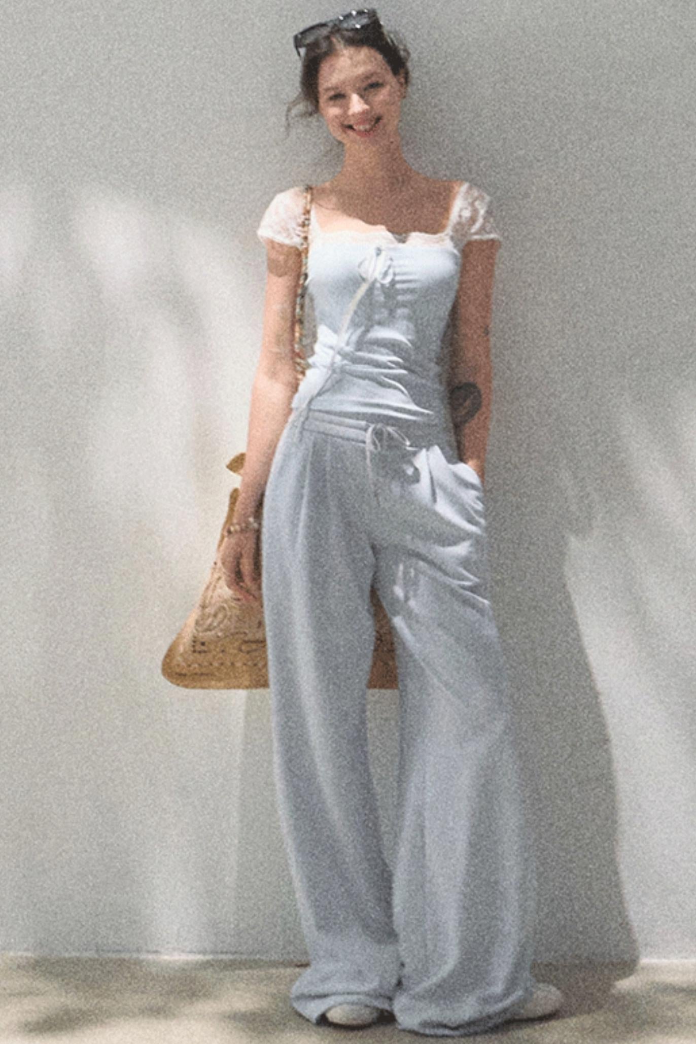 Lace-Up Top & Wide Leg Pants Set-Up