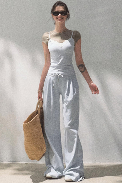 Lace-Up Top & Wide Leg Pants Set-Up