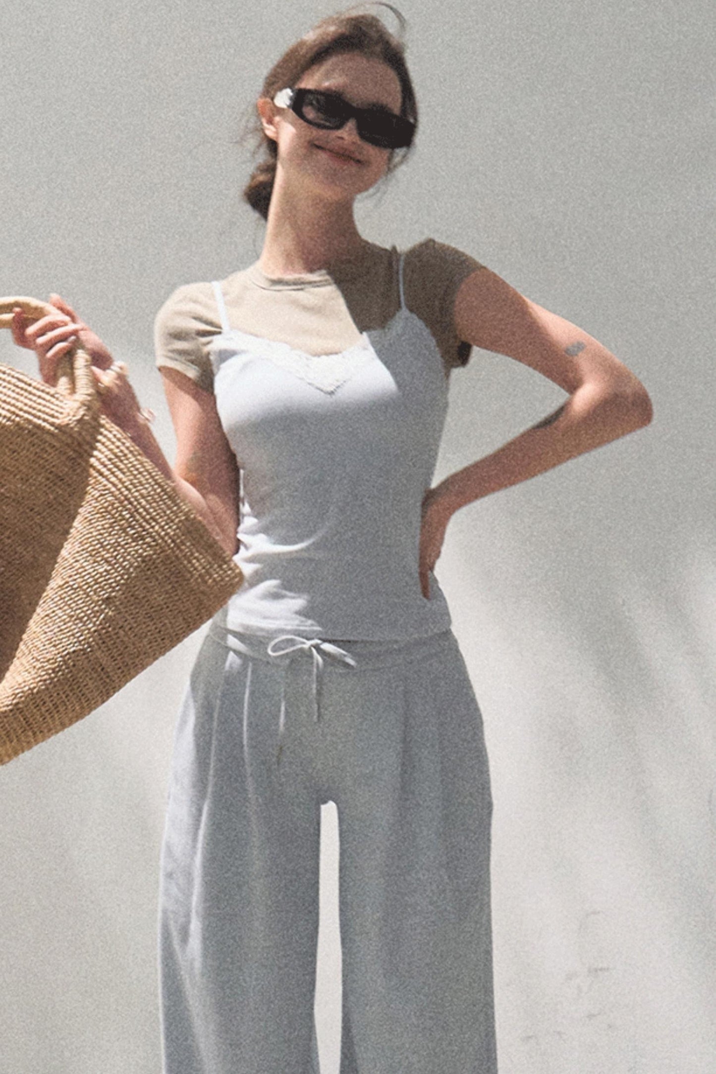 Lace-Up Top & Wide Leg Pants Set-Up