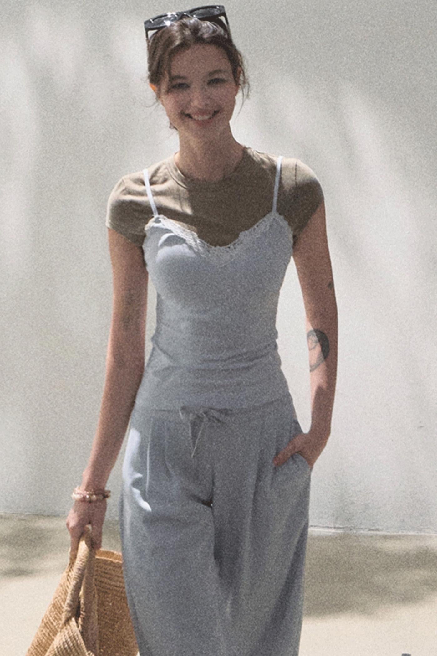 Lace-Up Top & Wide Leg Pants Set-Up