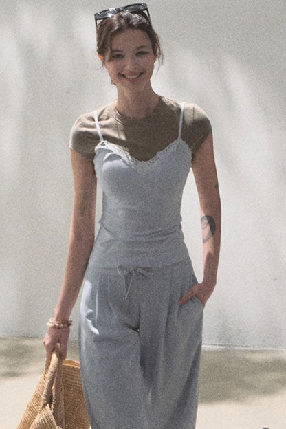 Lace-Up Top & Wide Leg Pants Set-Up