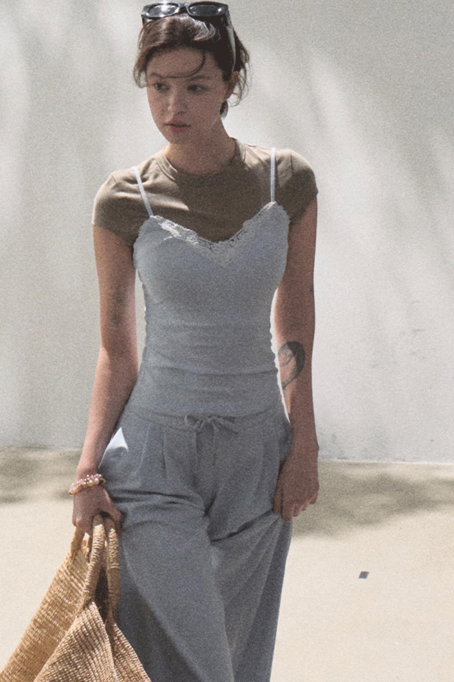 Lace-Up Top & Wide Leg Pants Set-Up