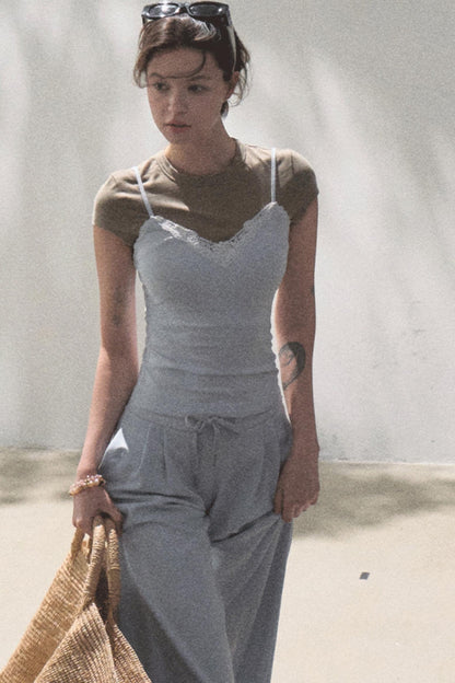 Lace-Up Top & Wide Leg Pants Set-Up