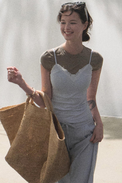 Lace-Up Top & Wide Leg Pants Set-Up