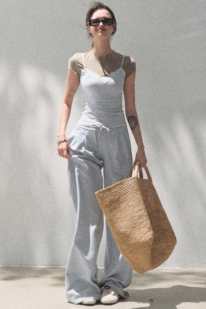 Lace-Up Top & Wide Leg Pants Set-Up