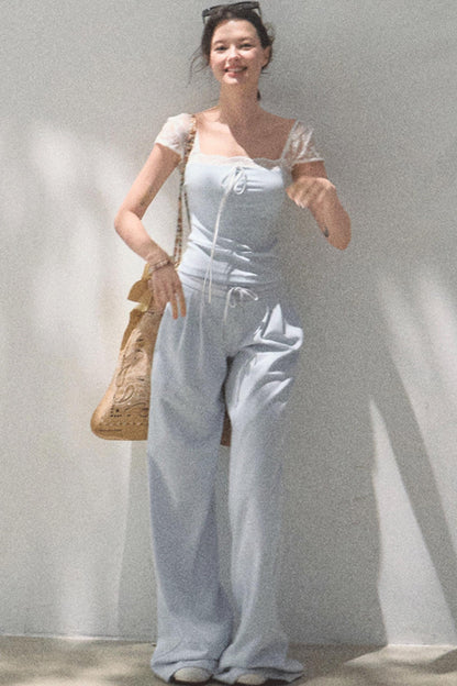 Lace-Up Top & Wide Leg Pants Set-Up