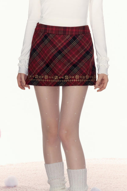 Check Embroidered Short Skirt