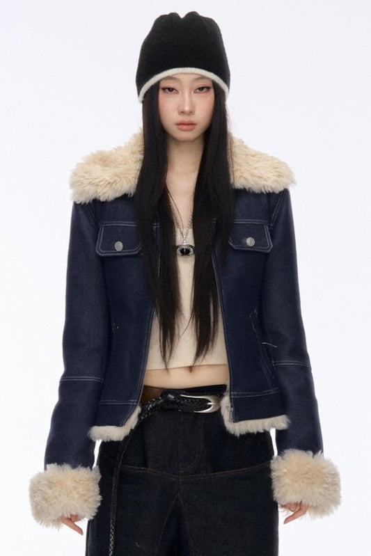 Curriges Winter New Roll-Neck Babes Retro Design Fluffy Pile Panelled Cropped Jacket