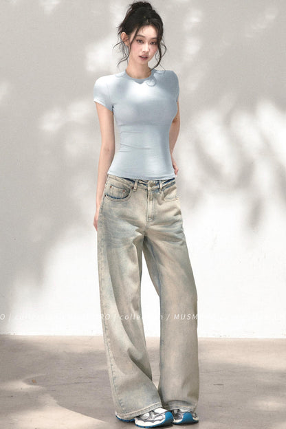 Embossed Cat Irregular Hem Bamboo Cotton T-Shirt