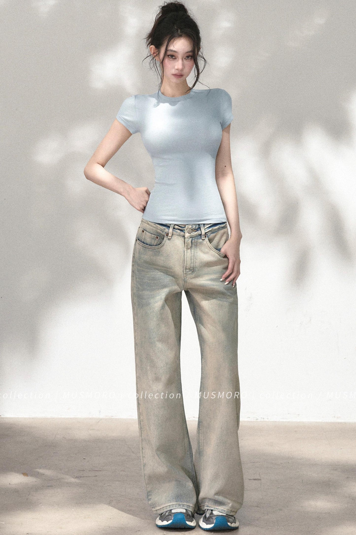 Embossed Cat Irregular Hem Bamboo Cotton T-Shirt