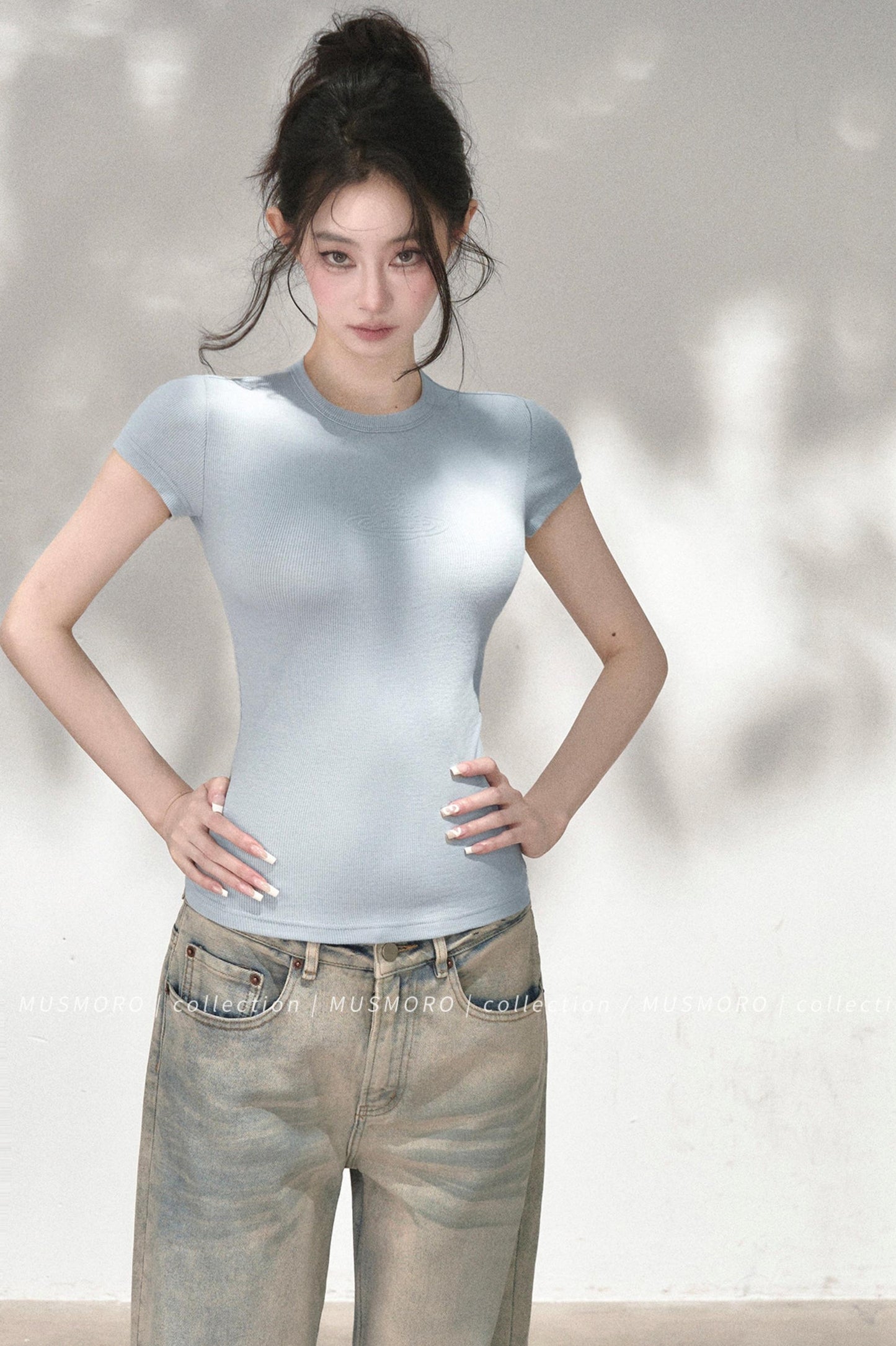 Embossed Cat Irregular Hem Bamboo Cotton T-Shirt