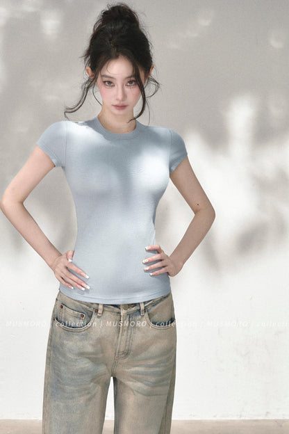 Embossed Cat Irregular Hem Bamboo Cotton T-Shirt
