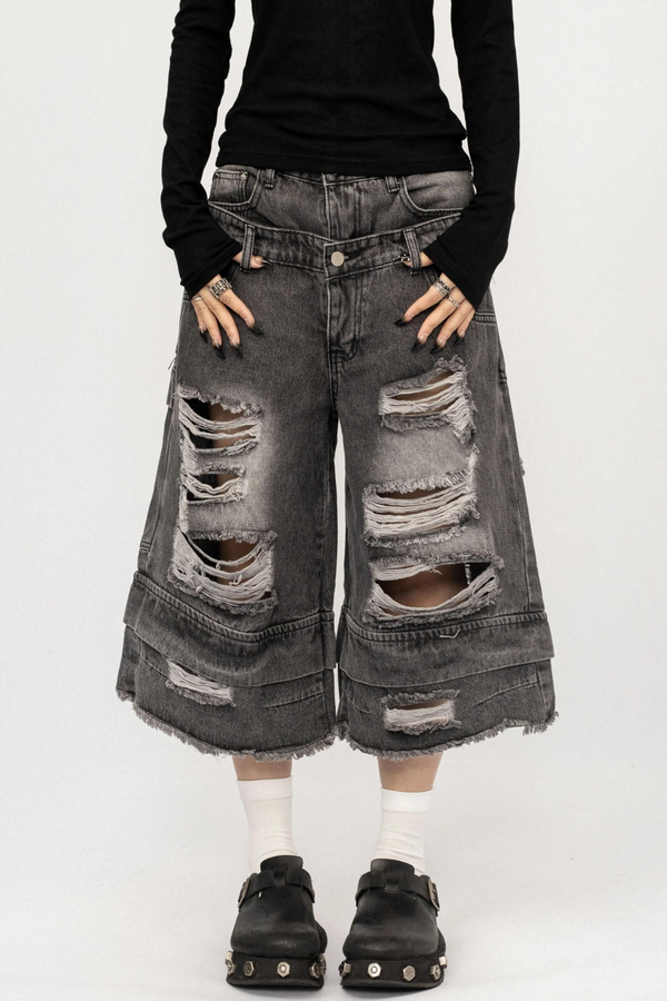Washed Ripped Denim Cropped Pants