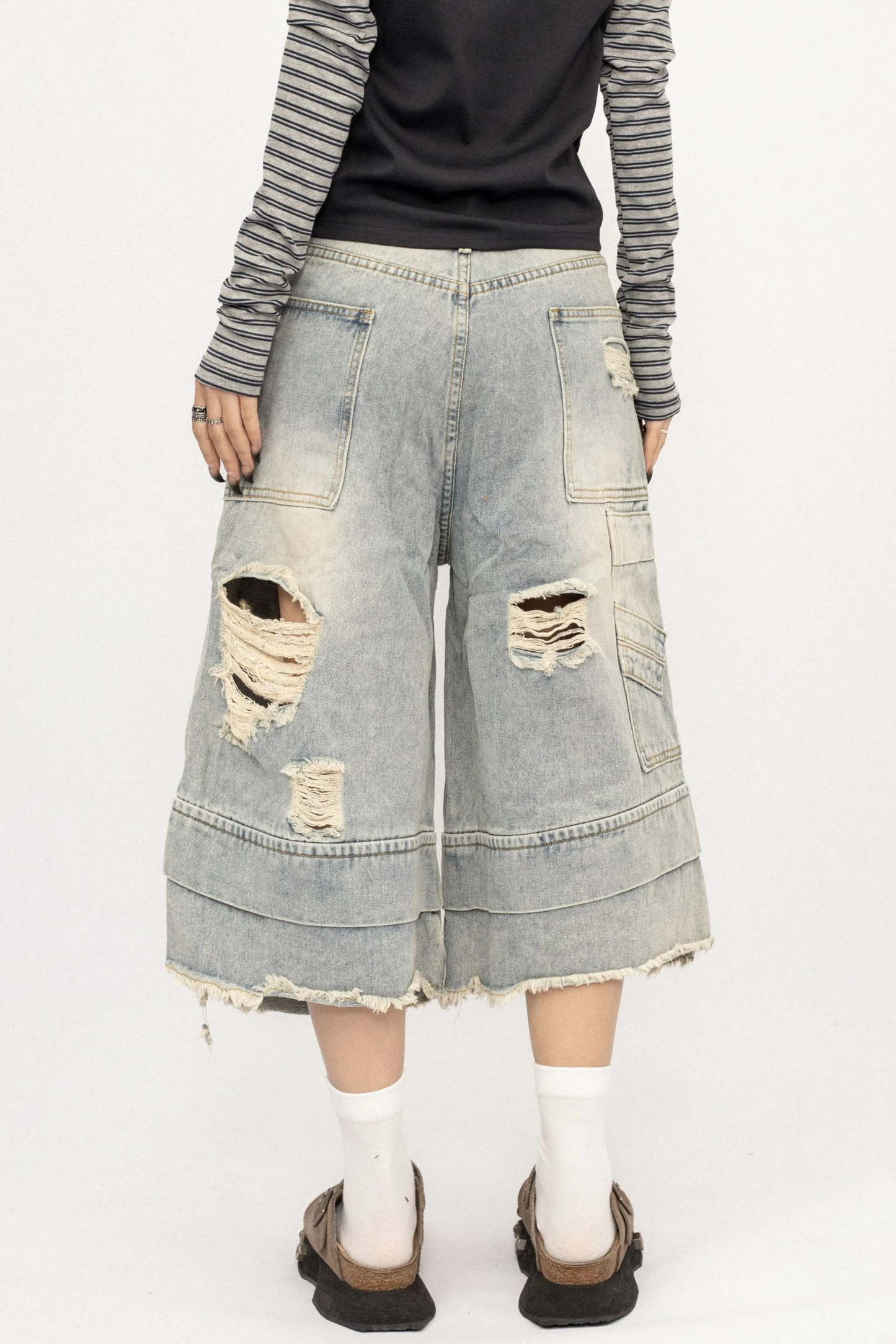 워싱 찢어진 데님 크롭 팬츠