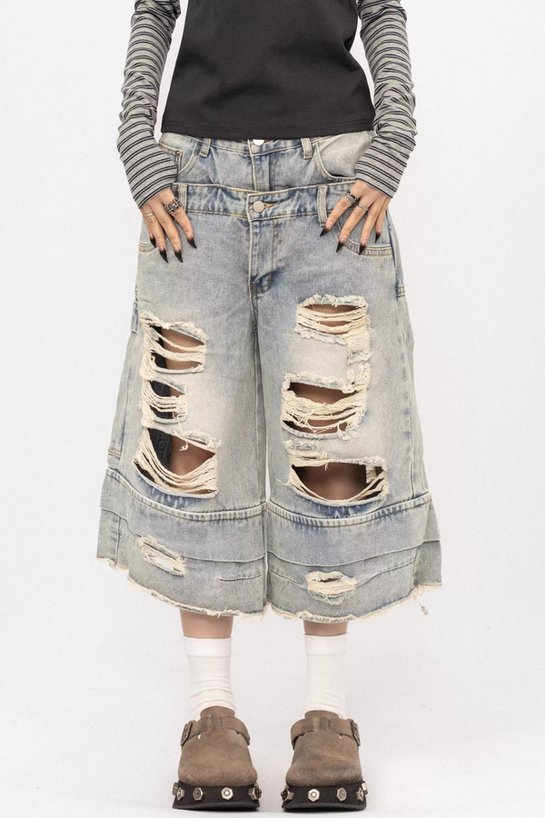 Washed Ripped Denim Cropped Pants