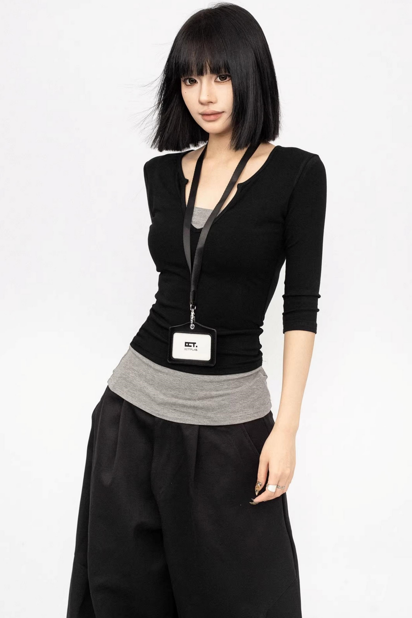 Black Slim-Fit V-Neck Blouse