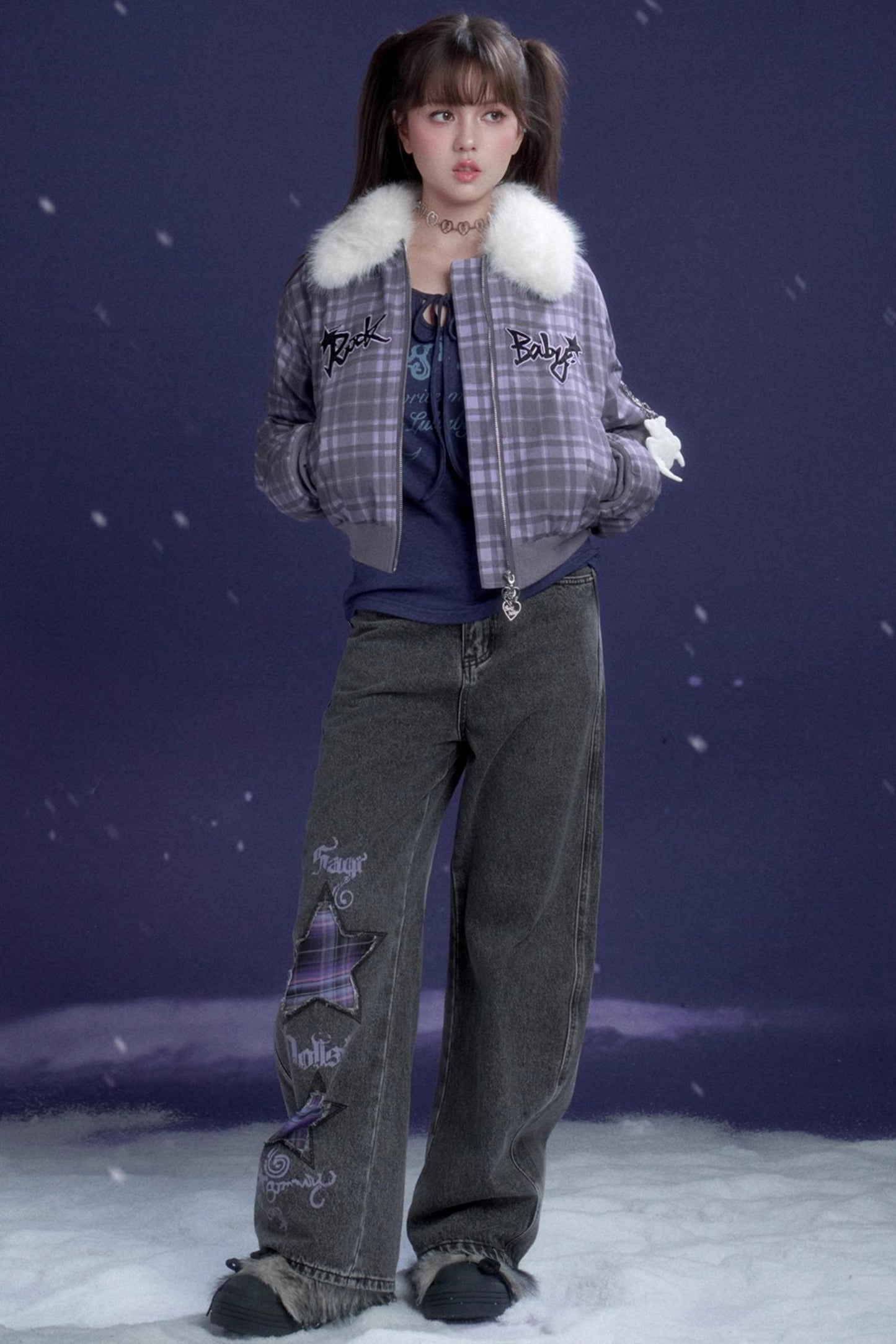 Purple Plaid Fur Collar Jacket