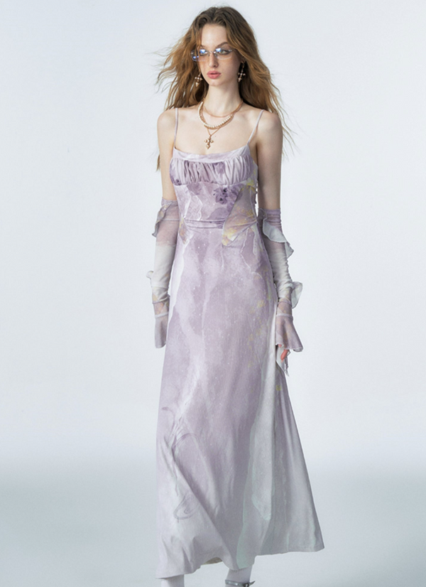 Printed Mesh Panel Slip Dress