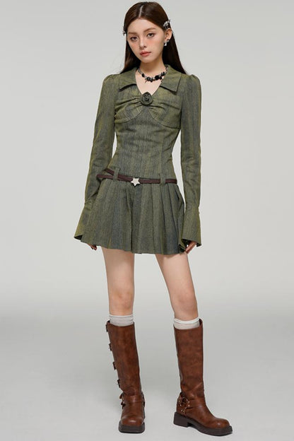 Long Sleeve Rose Print Pleated Dress