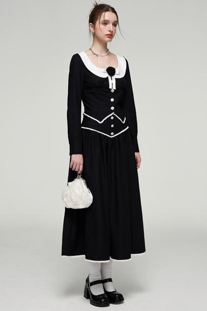 Color-Blocked U-Neck Top & Long Skirt Set-Up