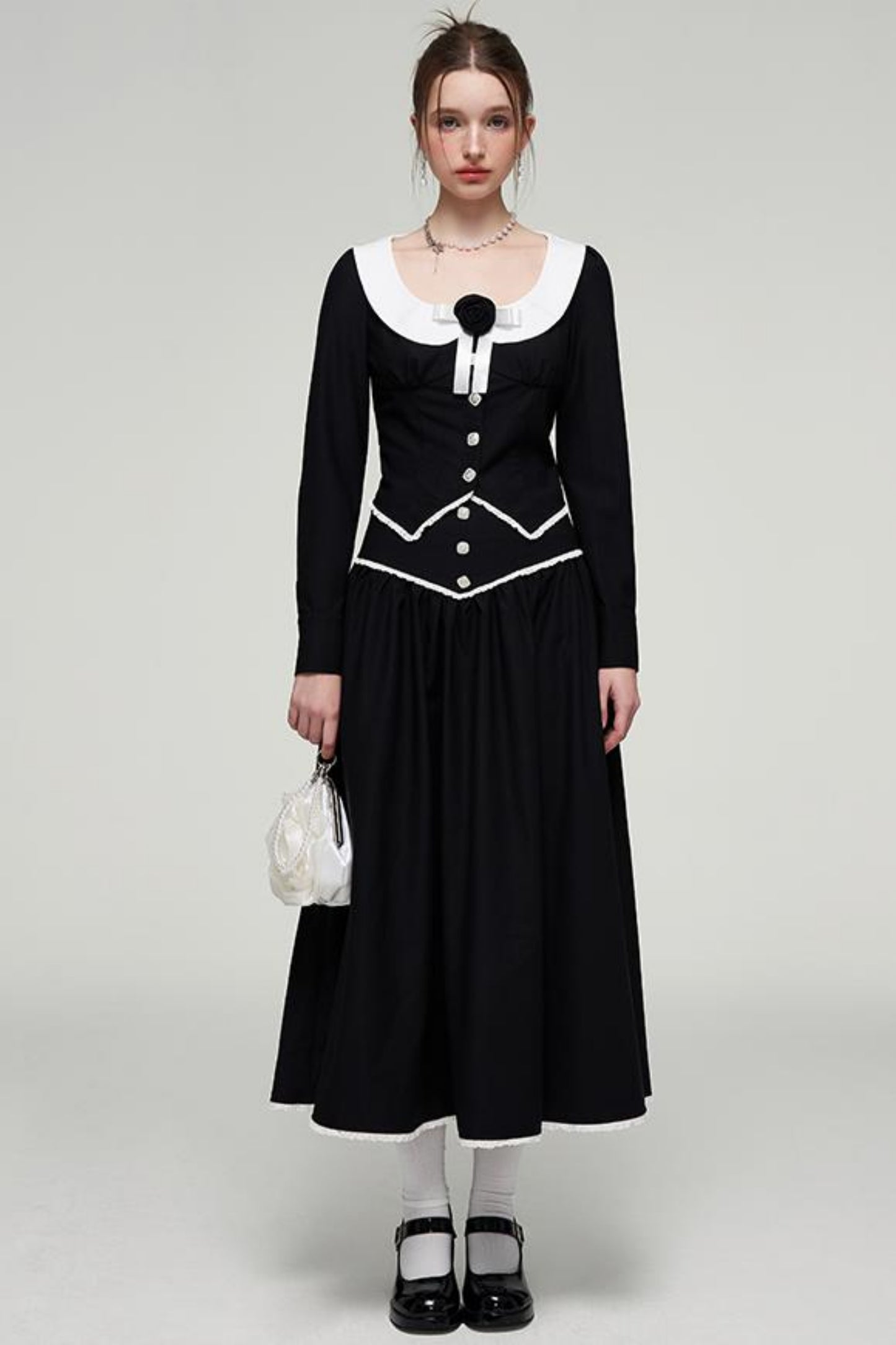 Color-Blocked U-Neck Top & Long Skirt Set-Up