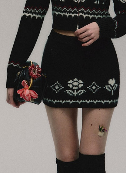 vintage stand-up collar sweater skirt set