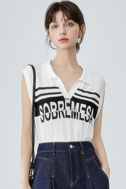 Trendy Sleeveless Alphabet Polo Top