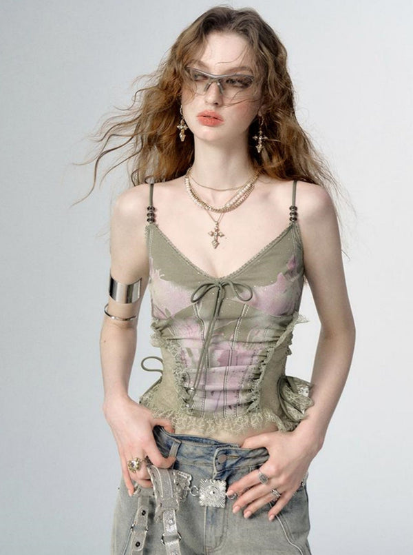 Mint Mambo Beaded Lace Sling Top