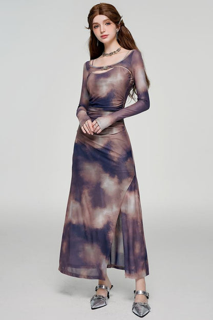 Tie-Dye U-Neck Long Sleeve Slim Dress Set