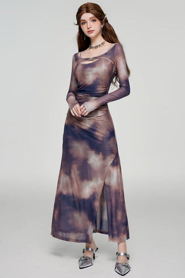 Tie-Dye U-Neck Long Sleeve Slim Dress Set