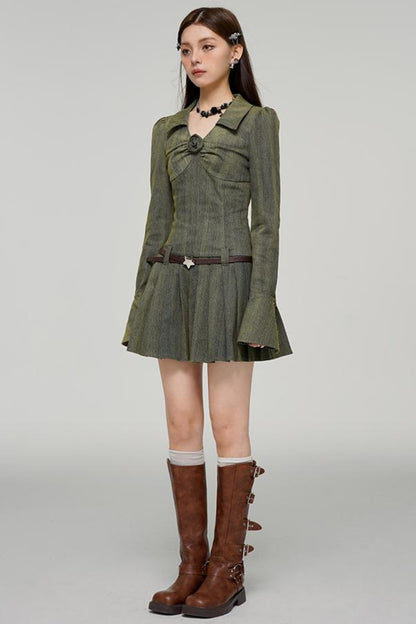 Long Sleeve Rose Print Pleated Dress