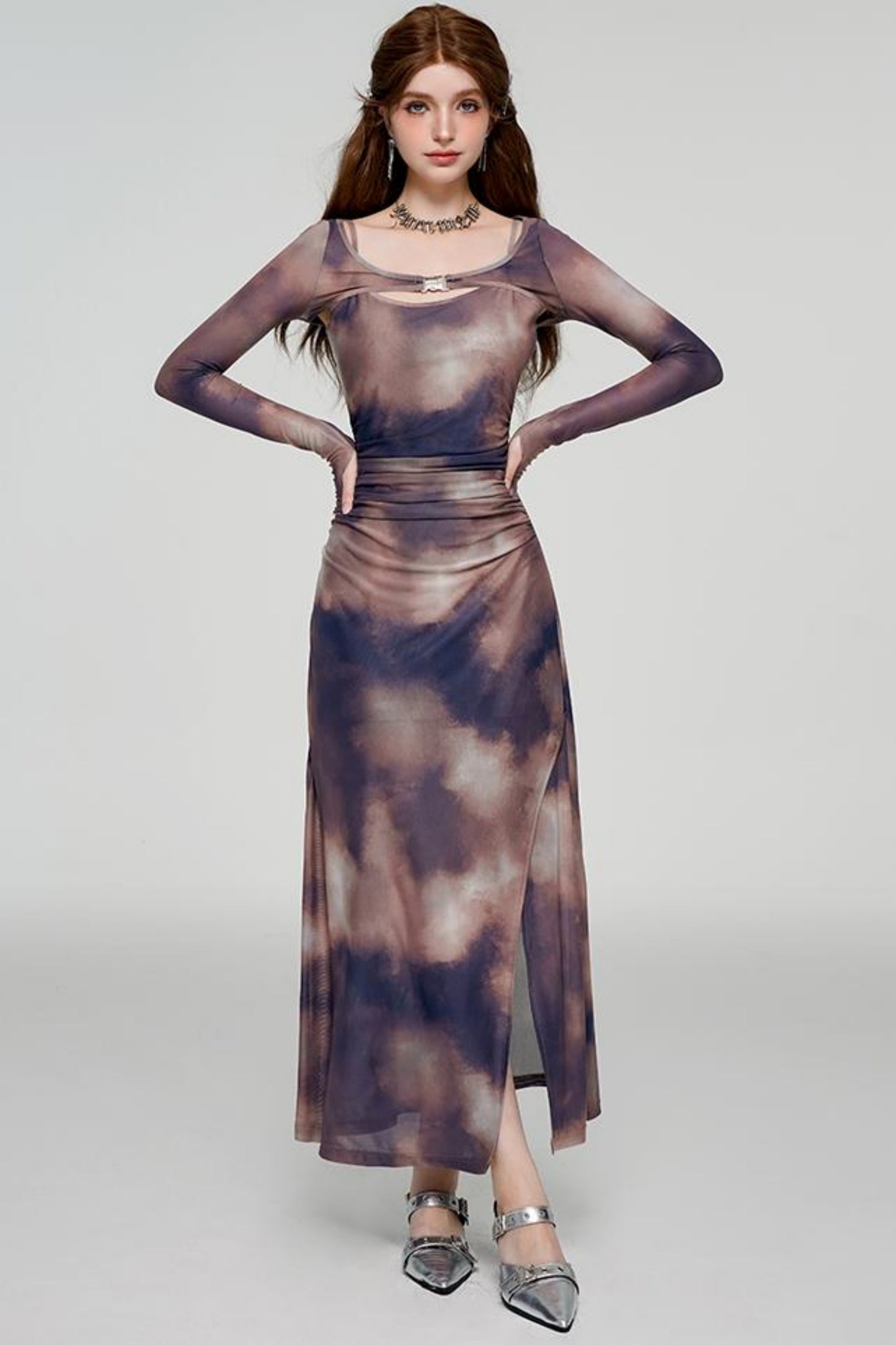 Tie-Dye U-Neck Long Sleeve Slim Dress Set