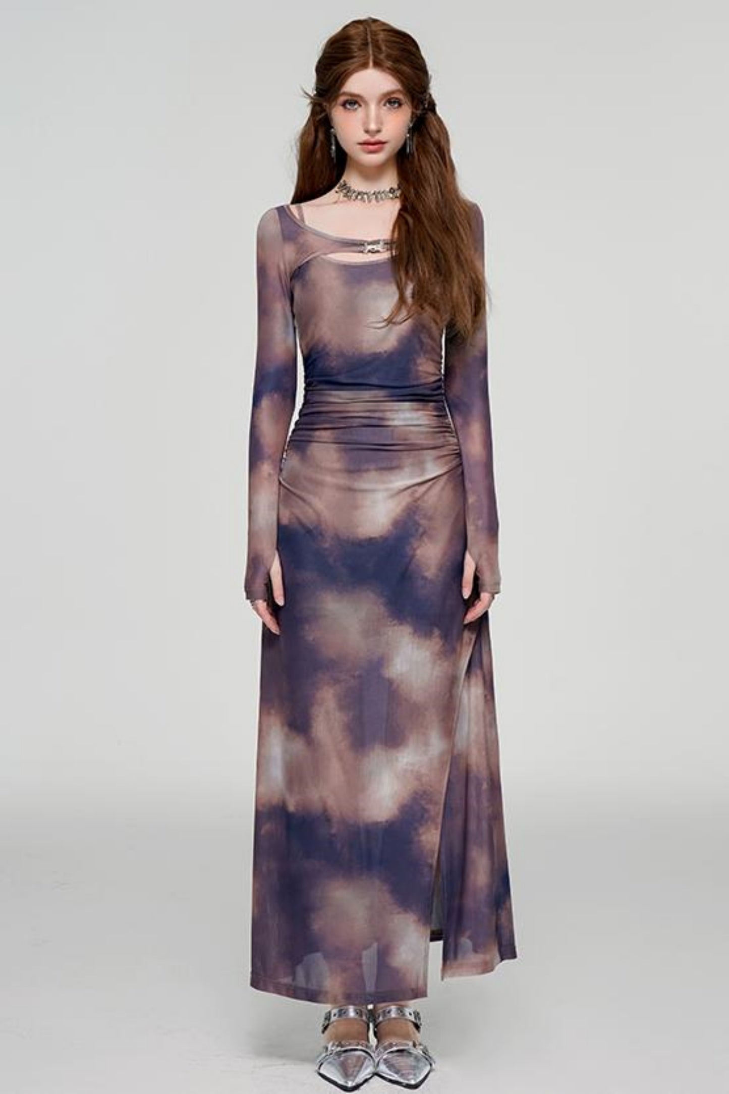 Tie-Dye U-Neck Long Sleeve Slim Dress Set
