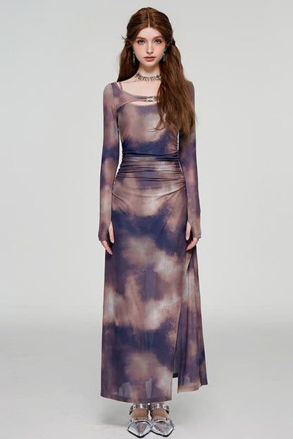 Tie-Dye U-Neck Long Sleeve Slim Dress Set
