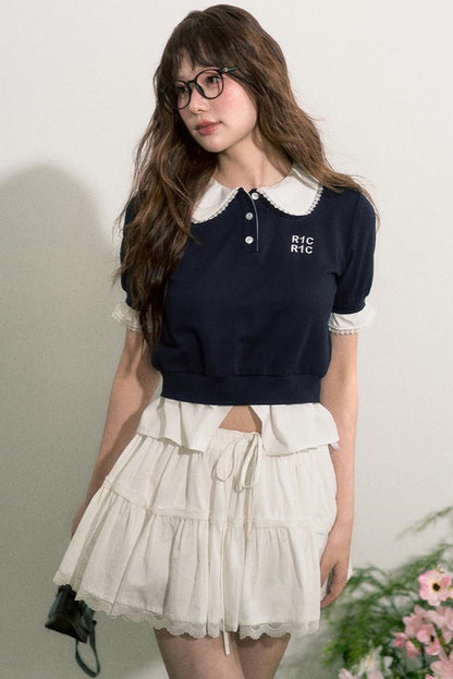 Lace Edge Doll Neck T-Shirt