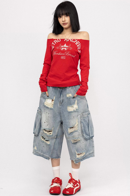 Retro Off-Shoulder Letter Top