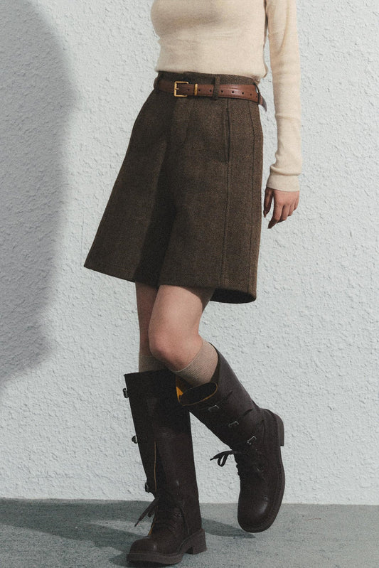 Brown Herringbone High-Waisted Trousers