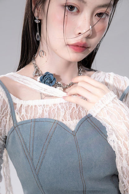 Denim Fusion Lace Suspenders Vest & Sickle Pants Set