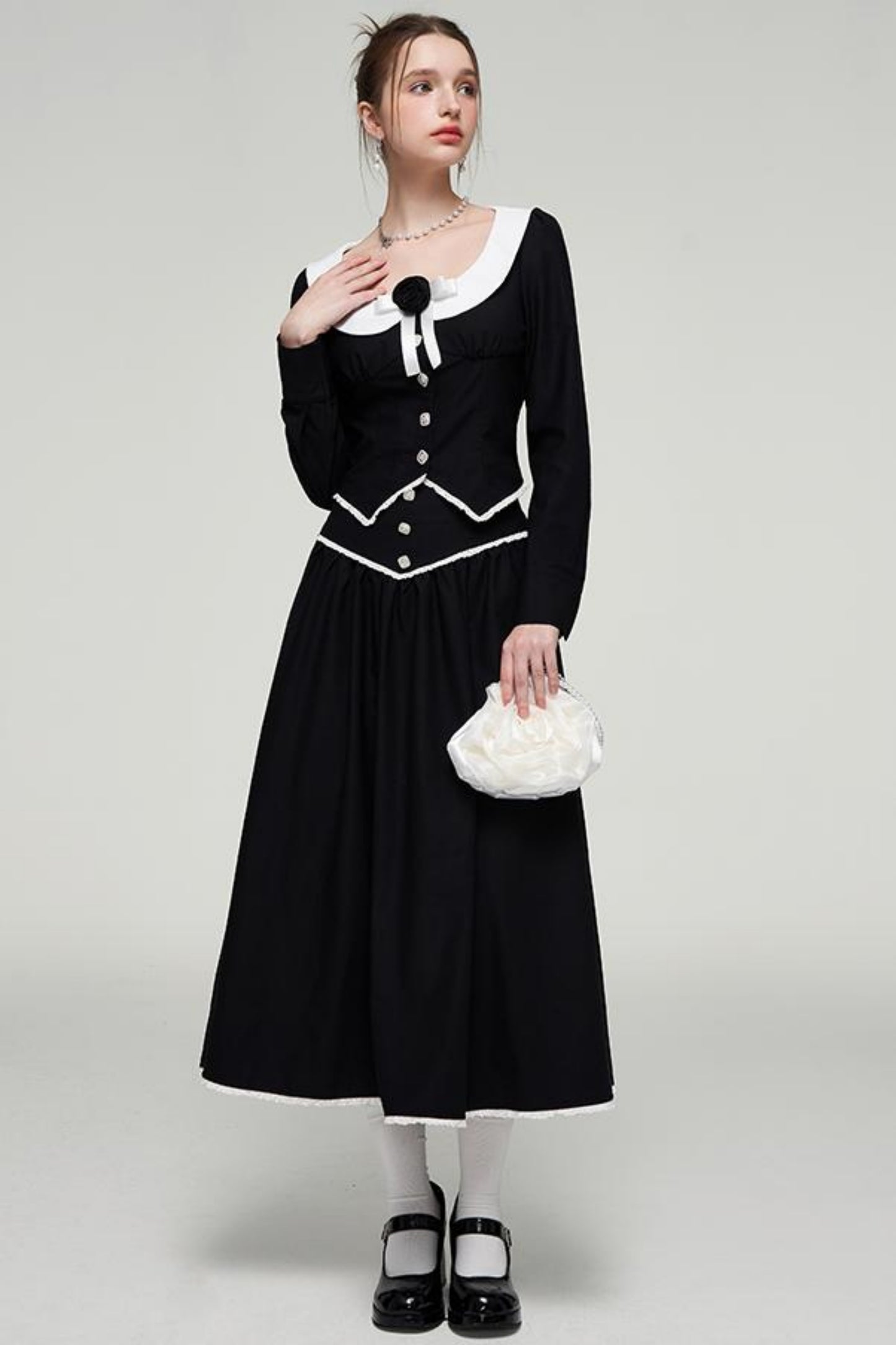 Color-Blocked U-Neck Top & Long Skirt Set-Up