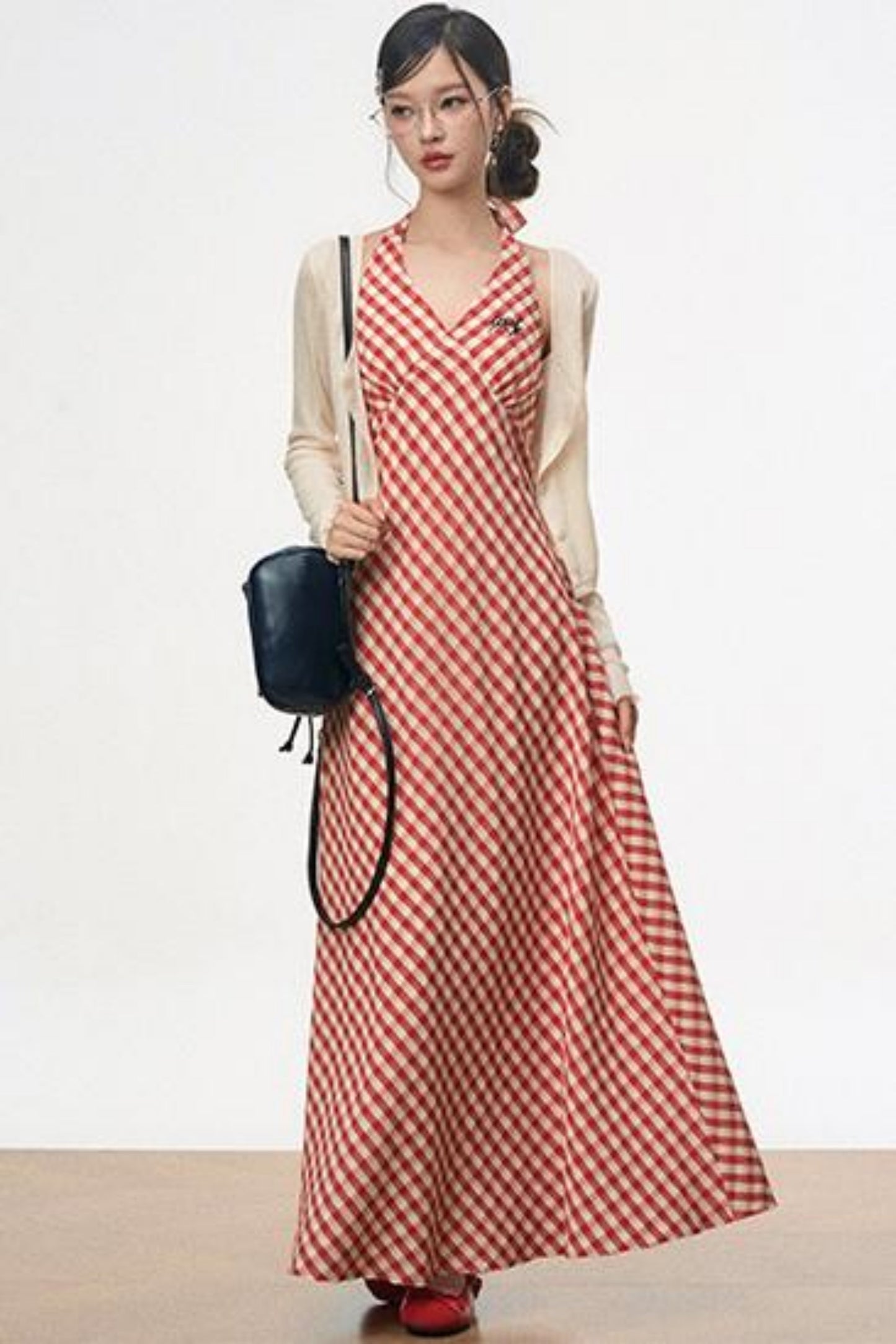 Retro Plaid Halter Dress With Smock Set-Up