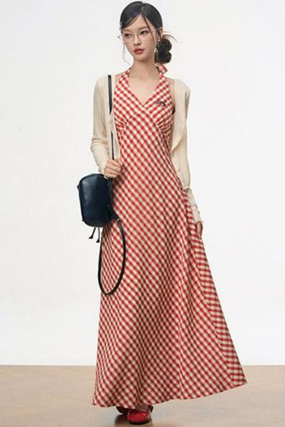 Retro Plaid Halter Dress With Smock Set-Up