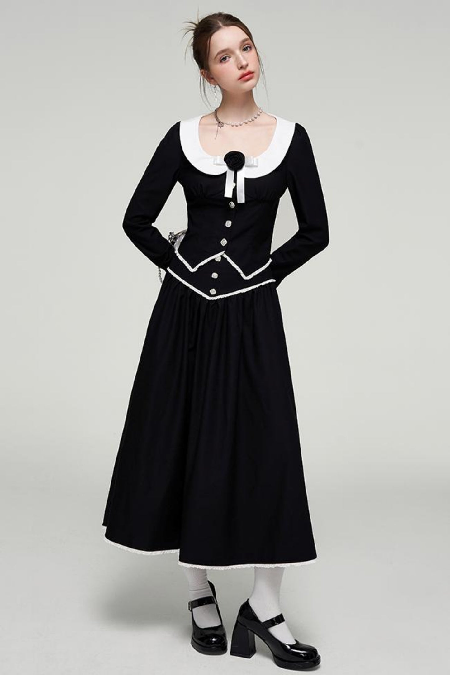 Color-Blocked U-Neck Top & Long Skirt Set-Up