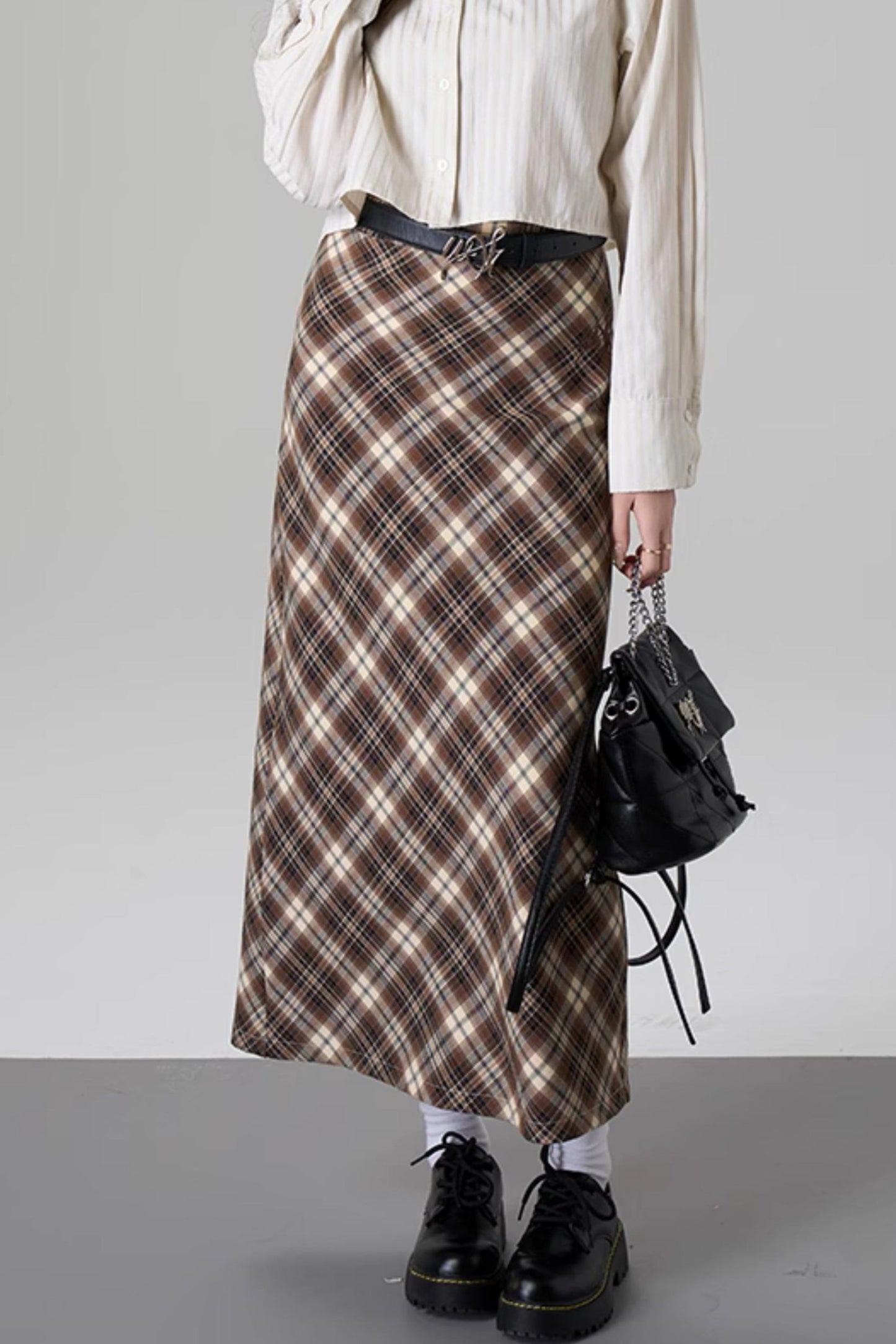 Brown Plaid A-Line Skirt