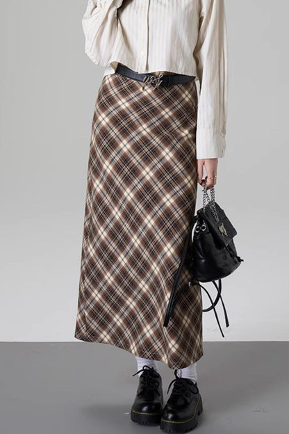 Brown Plaid A-Line Skirt