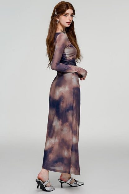 Tie-Dye U-Neck Long Sleeve Slim Dress Set