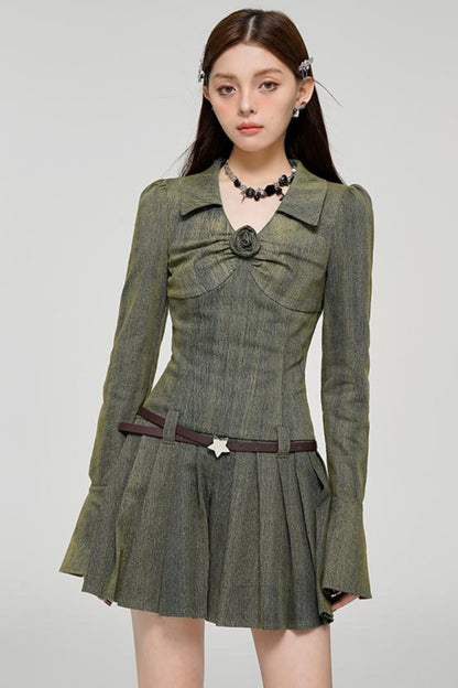 Long Sleeve Rose Print Pleated Dress