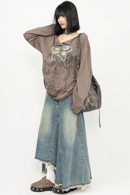 Butterfly Embroidered Retro Loose Tee